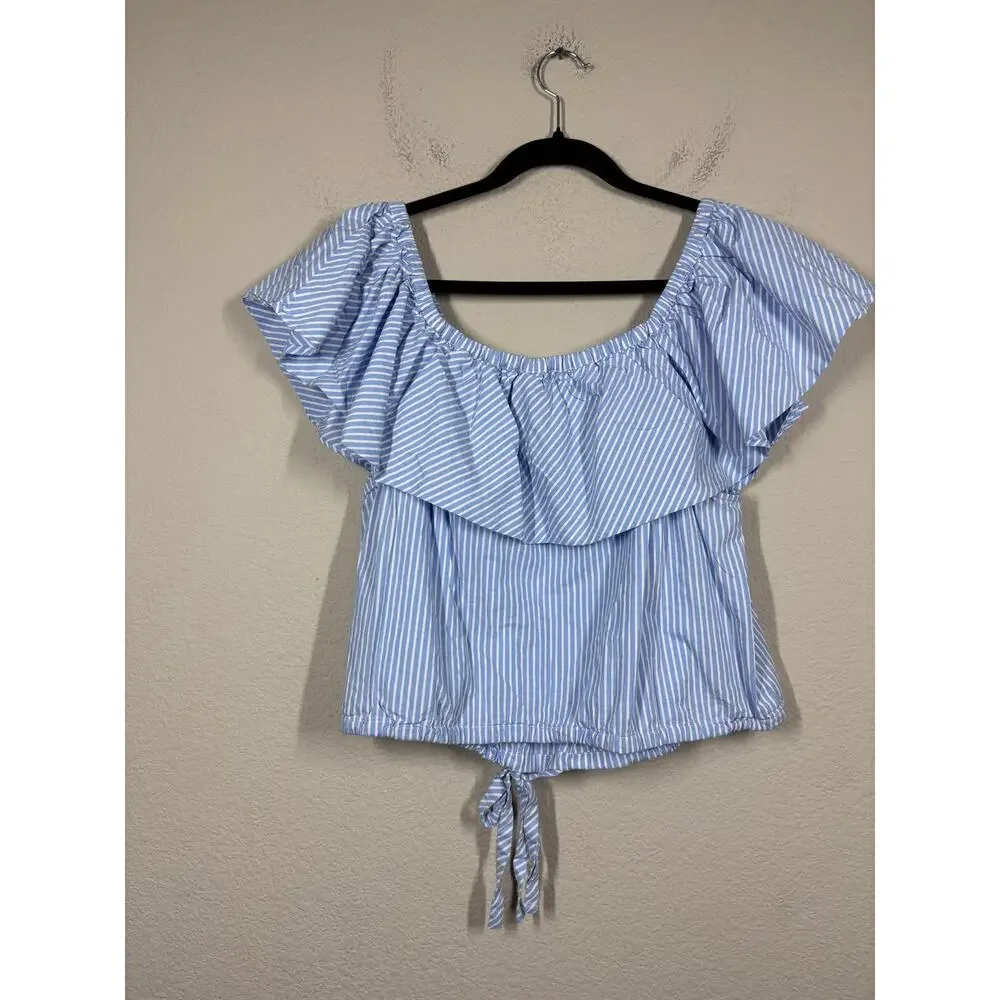 Jill Jill Stuart Size 14 Off The Shoulder Crop Top Blue Stripe Cotton Blend